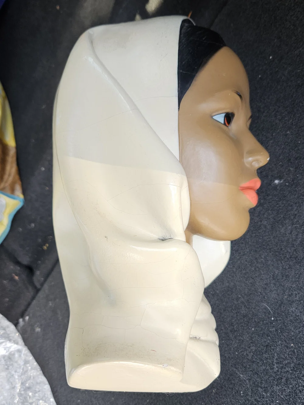 Vintage 1950's Chalkware Bust with Cream Headscarf and Brown Complexion Marwal